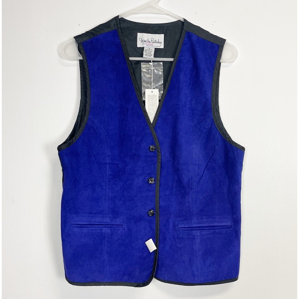 Diane Von Furstenberg Vest Womens Medium Blue Leather Color Authority NWT VTG